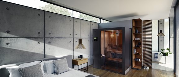 KLAFS S1 Sauna Black slides in and out of the bedroom